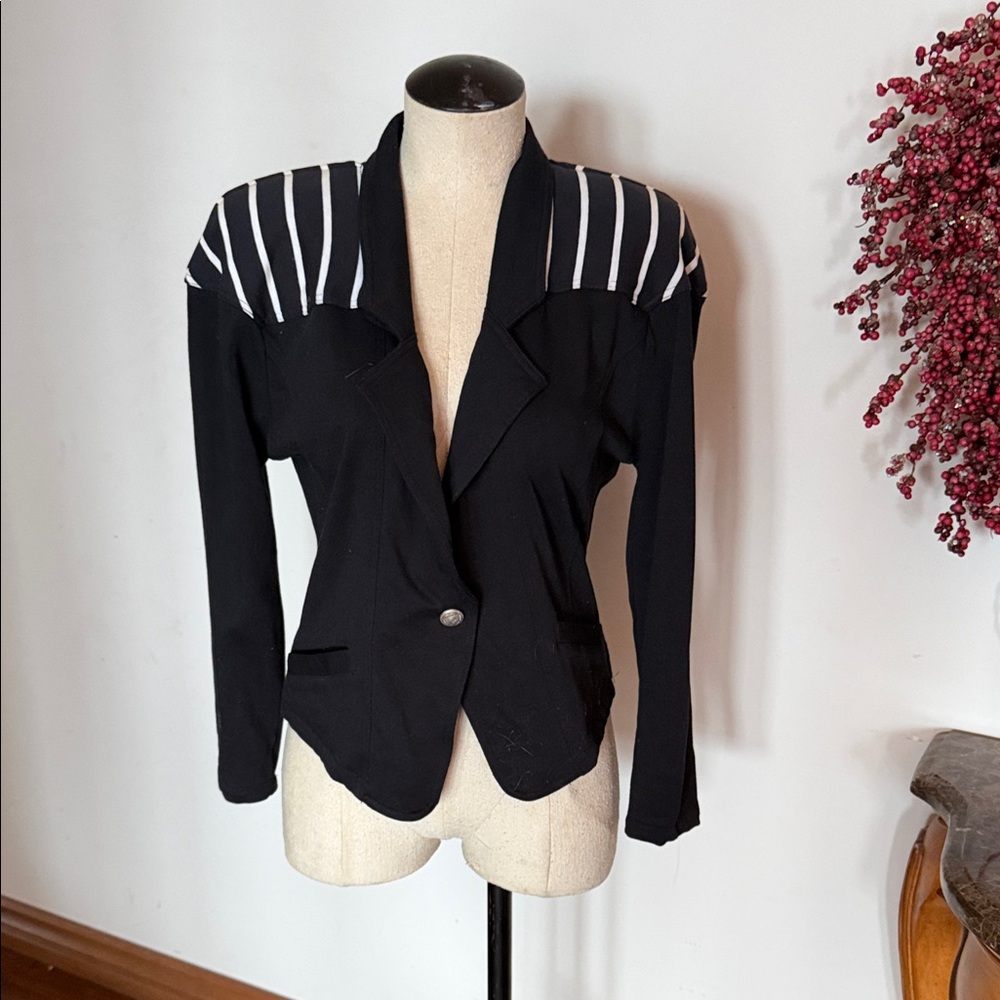 Vintage Black Blazer with White Striped Shoulder Detail